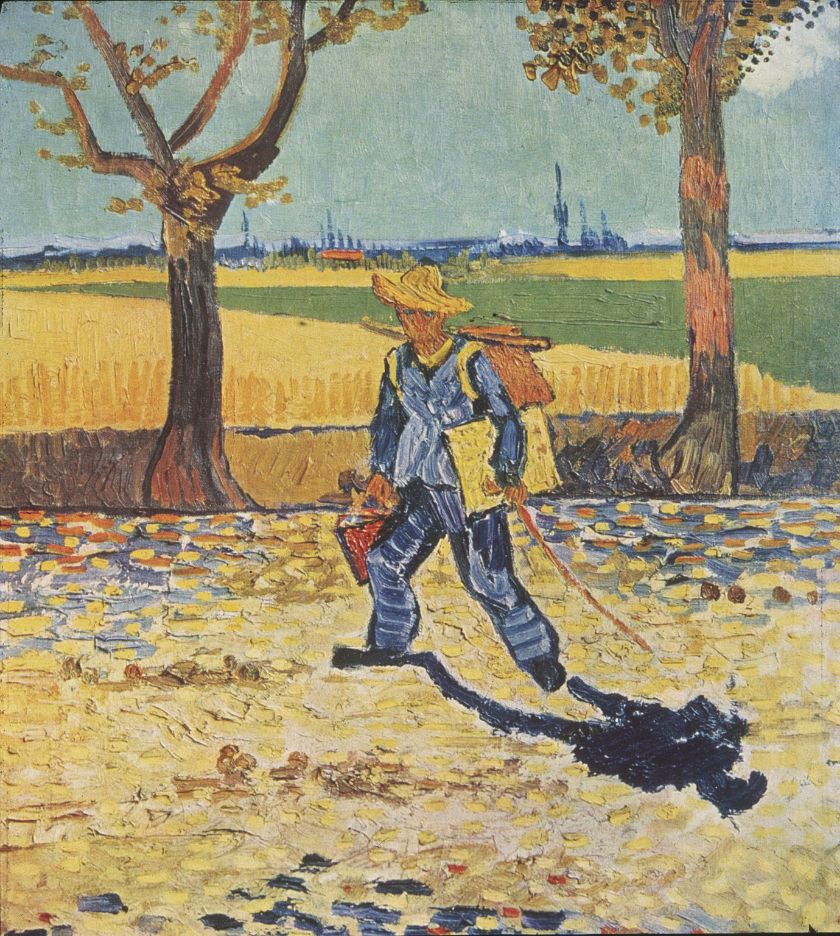 Vincent van Gogh camina per un camí assolellat carregant els estris de pintura i projecta una ombra allargada.